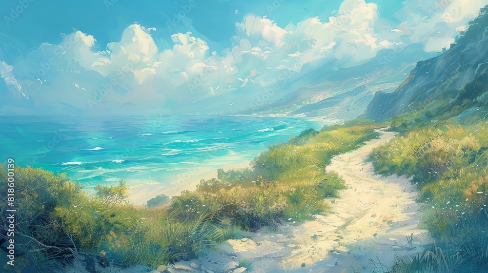 Turquoise beach, sandy path winding through dunes, ethereal light illuminating the landscape, clear blue sky, serene and peaceful atmosphere