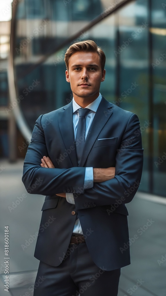 A young man in a suit standing outside. A young man in a suit standing outside.