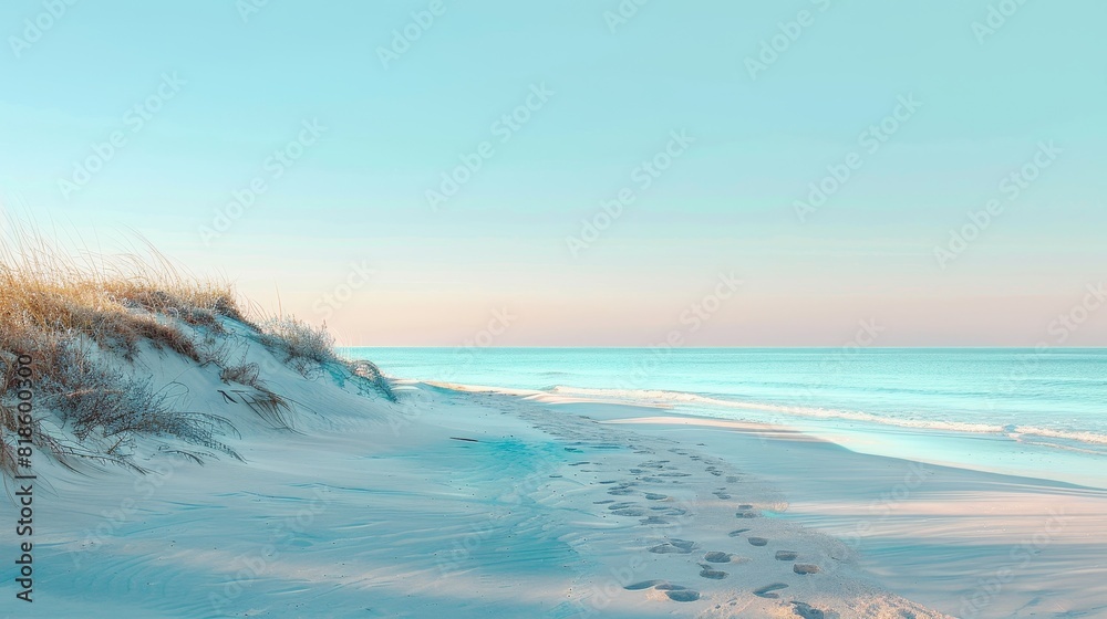 Turquoise beach at dawn, sandy path highlighted by ethereal morning light, clear blue sky, tranquil and inviting coastal scene Turquoise beach at dawn, sandy path highlighted by ethereal morning light, clear blue sky, tranquil and inviting coastal scene