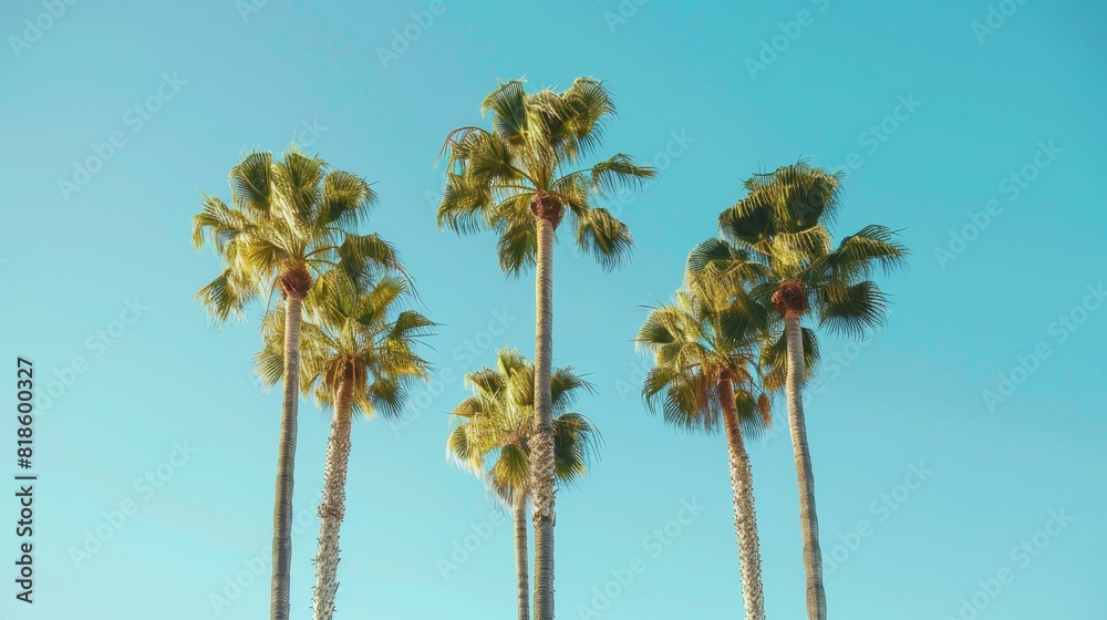 Tropical palm trees towering over, clear azure sky backdrop, minimalistic aesthetic, nature's tranquility Tropical palm trees towering over, clear azure sky backdrop, minimalistic aesthetic, nature's tranquility