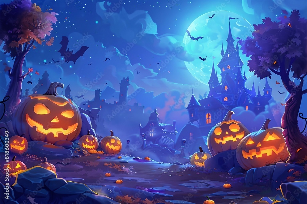 a painting of a halloween scene with pumpkins a painting of a halloween scene with pumpkins
