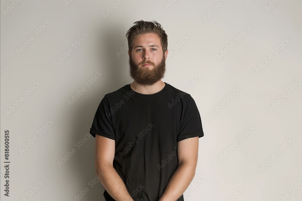 A man with a beard standing against a white wall. A man with a beard standing against a white wall.