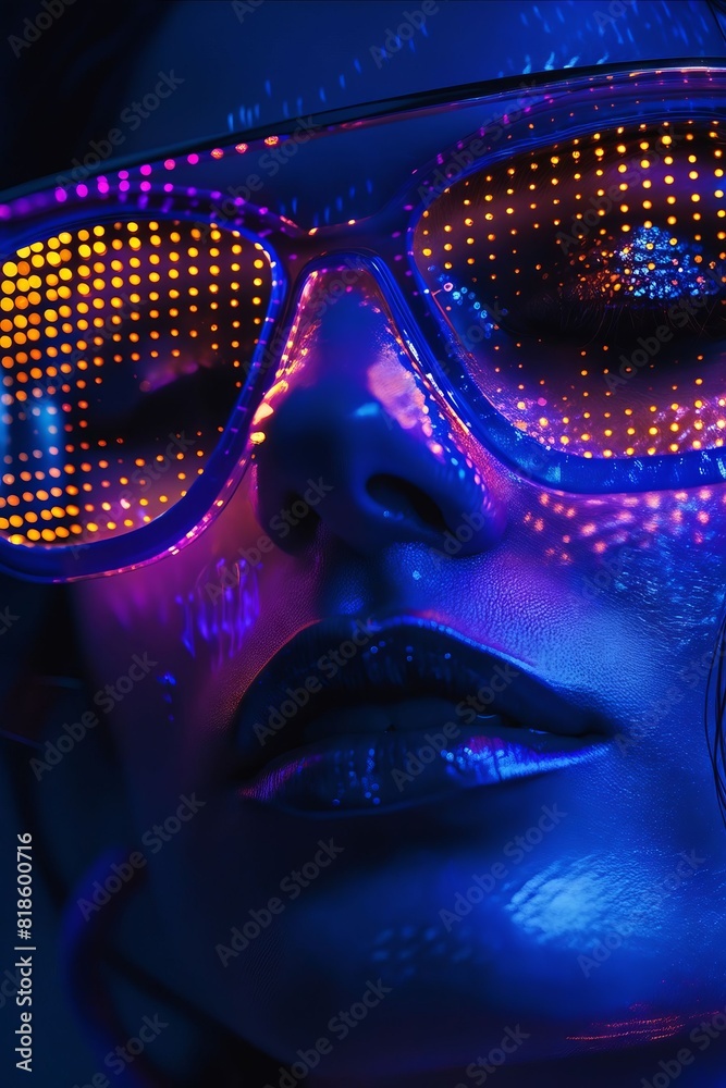 A woman wearing neon glasses and glowing makeup. A woman wearing neon glasses and glowing makeup.