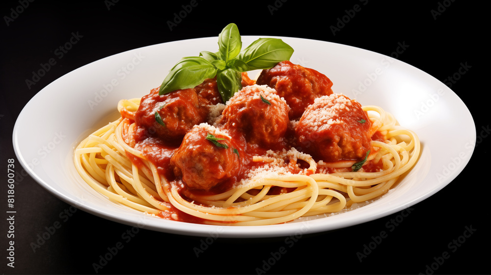 Spaghetti and Meatballs with white background. generative ai