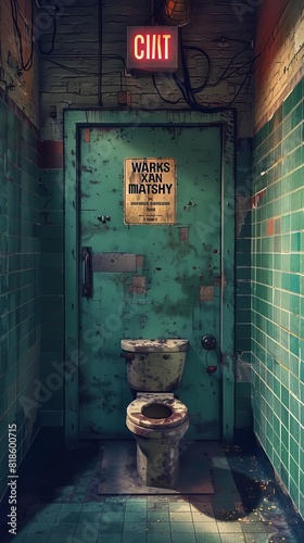 Create a photorealistic image of a dirty public restroom photo