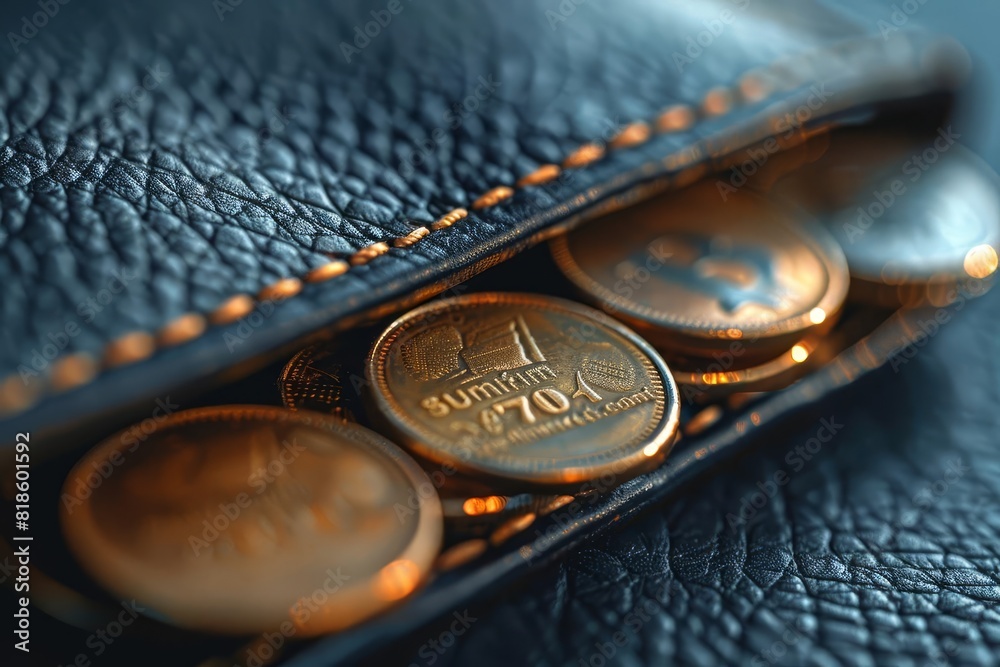 A close up of a leather wallet with a stack of golden coins inside.