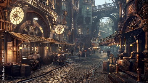 Frontal view of a steampunk cityscape