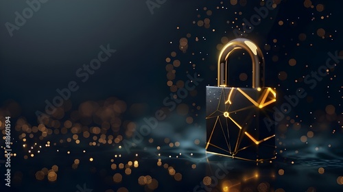 Data security and privacy are protected by a black and gold secure padlock, password security, and identification by safe technology photo