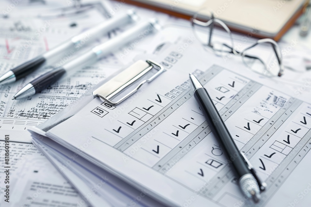 Close-up of documents with charts and checklists on a desk, accompanied by pens, glasses, and a clipboard in a professional workspace. Close-up of documents with charts and checklists on a desk, accompanied by pens, glasses, and a clipboard in a professional workspace.