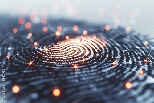 Close-up of an illuminated fingerprint with a network of glowing points, representing digital security and biometric technology.