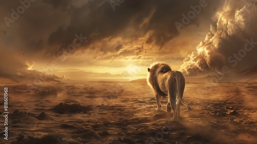 Rear view of a lion walking into a desolate wasteland  digital painting  detailed fur texture  dramatic lighting  dark clouds in the background  evoking a dystopian atmosphere