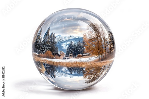 Crystal ball reflecting a stunning winter landscape with snowy mountains  evergreen trees  and a serene frozen lake in a picturesque setting.