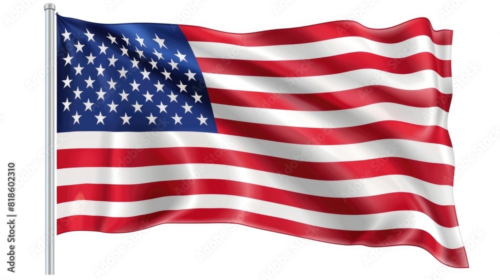 Fototapeta premium American USA flag wavy shape clear ultra high details standing flagpole isolated on white background