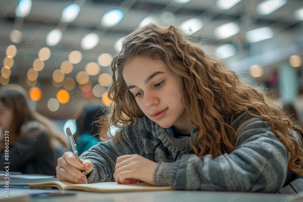 A focused student with long curly hair writing in a notebook in a modern, well-lit library or classroom setting. Blurred background. A focused student with long curly hair writing in a notebook in a modern, well-lit library or classroom setting. Blurred background.