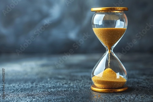 A close-up of a classic hourglass with golden sand flowing against a dark background, symbolizing the passage of time and patience.