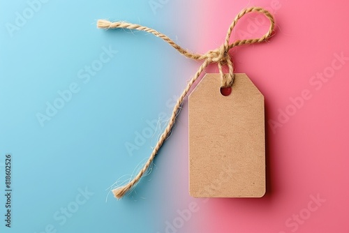 Brown tag with twine on a dual-tone blue and pink background. Ideal for branding, labels, pricing, and packaging themes. High contrast and vibrant.