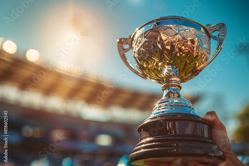 Champion holding a shiny trophy cup with a stadium backdrop, symbolizing victory, achievement, and success in a sports competition.