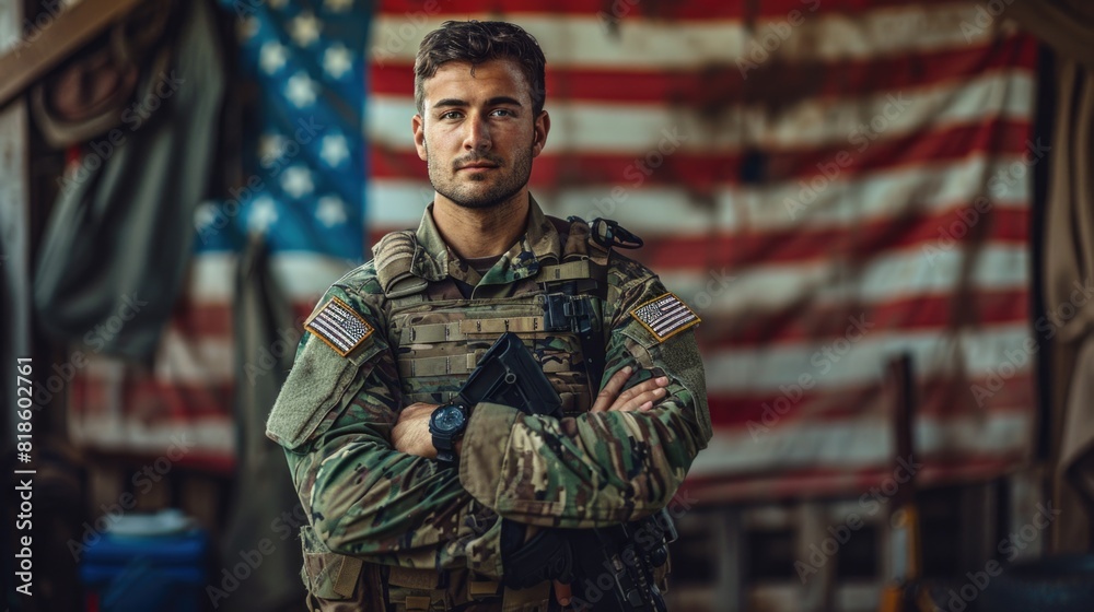 Portrait of solider in front of American USA flag looking towards camera close arms Portrait of solider in front of American USA flag looking towards camera close arms