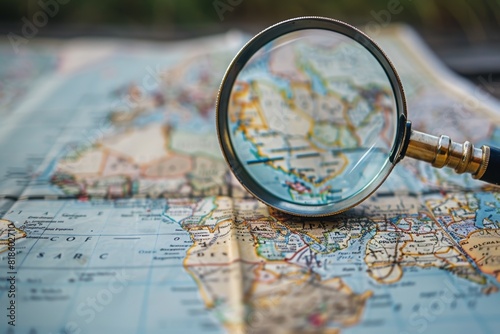 Close-up of a magnifying glass over a world map, highlighting travel destinations and geography details. Perfect for travel and exploration themes.