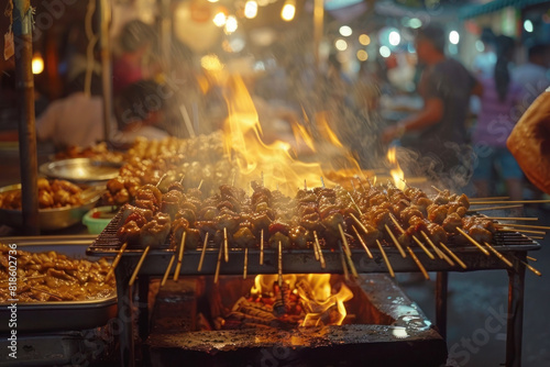 A street vendor grilling satay in an open market in Southeast Asia, with flames and smoke rising around the skewers. The scene captures the energy and warmth of the market. photo