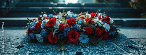 Simple memorial headstone for a deceased with a bouquet of flowers, lawn, empty, natural, ambient light, Memorial Day, Veterans Day concept