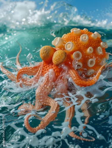 pequeÃ±a medusa naranja nadando aislada en el ocÃ©ano. photo