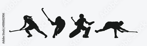 Field hockey silhouette set on white background. Male and female athletes with different action, pose. Vector illustration.