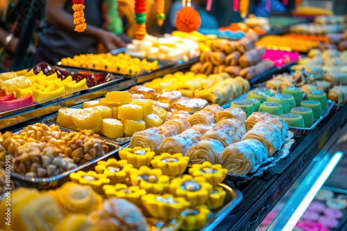 An array of Indian sweets and snacks displayed at a street stall, with a focus on the variety of shapes, colors, and textures. The background is filled with a blur of festival decorations.