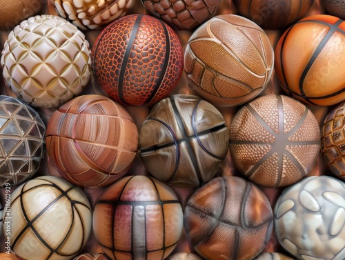 Group of basketballs with various textures. Sports equipment concept