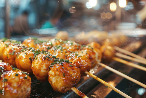 Close-up of Japanese takoyaki balls on a wooden skewer, with a dynamic blur of the busy street market in the background. Highlighting the glossy texture and octopus filling. photo
