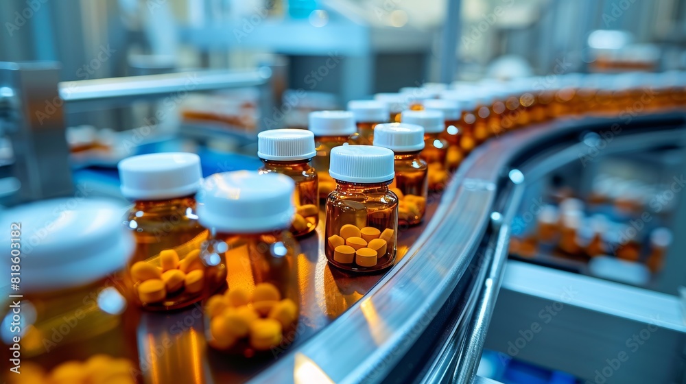 Small glass medicine bottles on a conveyor belt, captured in a sterile and efficient pharmaceutical production setting Small glass medicine bottles on a conveyor belt, captured in a sterile and efficient pharmaceutical production setting