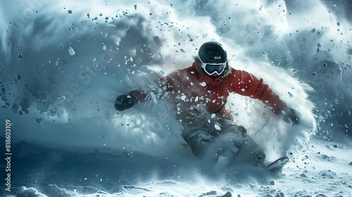 Snowboarder entangled in deep snow, displaying the raw power of nature and the thrill of the adventure photo