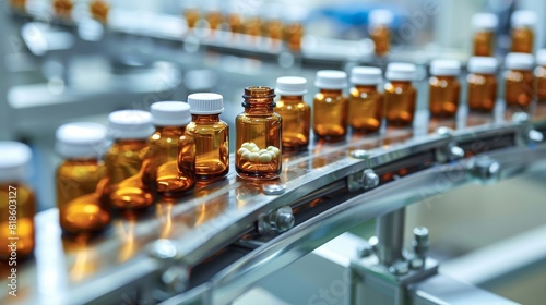Small glass medicine bottles on a conveyor belt, captured in a sterile and efficient pharmaceutical production setting