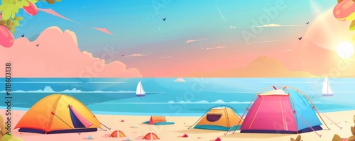 Flat design style  Summer beach camping   bright tents   family picnic   sandy shore   cheerful atmosphere