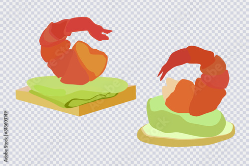 Canapes with different toppings. Appetizer food. Sandwich canape in flat style isolated on transparent. Fresh seafood for restaurant, sushi bar menu, poster. Healthy and tasty food ideas. Vector