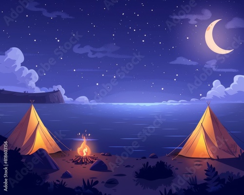 Illustration of a serene night camping by a lake with two tents  a campfire  and a starry sky under a crescent moon.