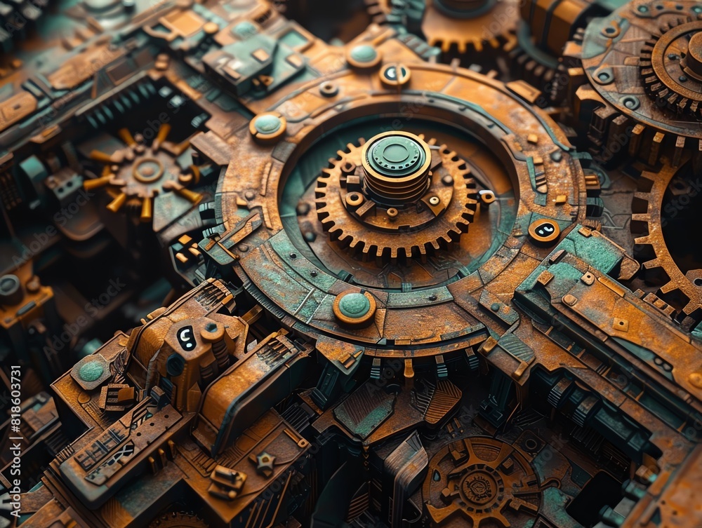 Bring to life a high-angle view of a meticulous labyrinth of gears, blending realism with a touch of steampunk aesthetic