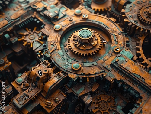 Bring to life a high-angle view of a meticulous labyrinth of gears, blending realism with a touch of steampunk aesthetic © T