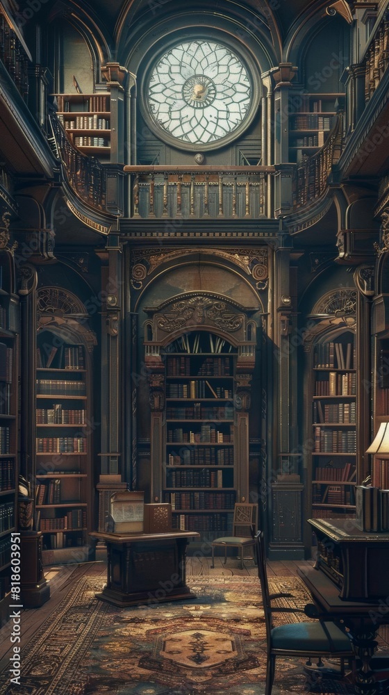 A grand library with a large stained glass window, filled with bookshelves and aYue Lan Shi .