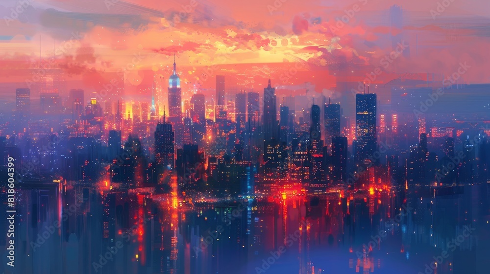 Fototapeta premium Reversed skyline, contemporary architecture, bright city lights, artistic urban landscape, dreamy atmosphere, twilight