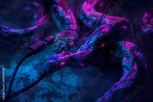 A neon snake slithers through a dark, neon-lit landscape. The snake's scales are glowing, and its eyes are glowing. photo