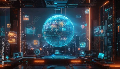 Modern digital workspace with a central holographic globe displaying realtime data, surrounded by various devices like laptops, tablets, and floating digital screens showing urban