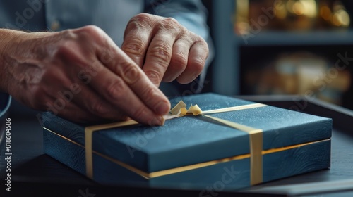 Precision sealing of a high-end gift box, close-up of hands applying glue tape to luxurious packaging, emphasizing meticulous craftsmanship