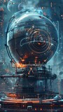 An epic illustration of a futuristic cityscape with a giant sphere floating above the skyline
