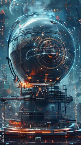 An epic illustration of a futuristic cityscape with a giant sphere floating above the skyline