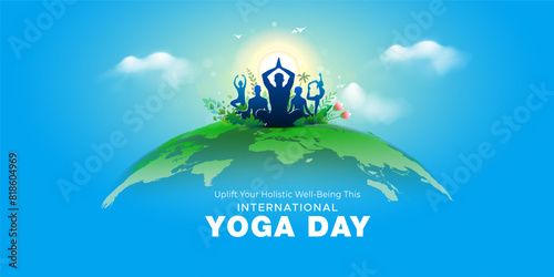 Vector illustration of International Yoga Day Greeting design. People practicing body stretch exercises yoga and world map background.