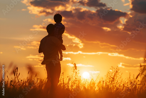 Father and son in the park. father's day silhouette happy family child dream concept. father carries his son on his back. dad playing with his son in nature in the park silhouette at sunset lifestyle