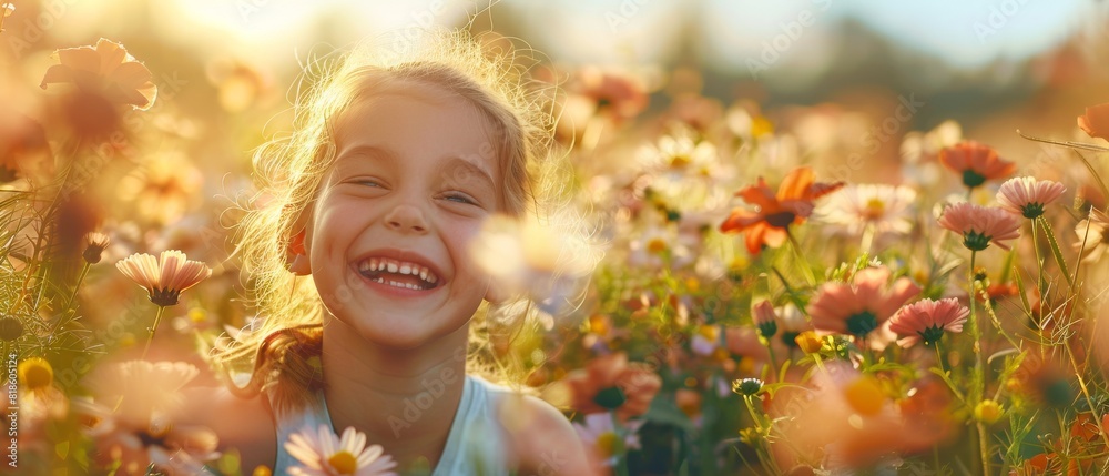 A young girl is smiling in a field of flowers