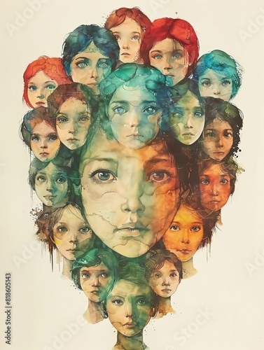 An ethereal portrait of a woman composed of a multitude of diverse faces, each representing a unique aspect of her being ©  Green Creator
