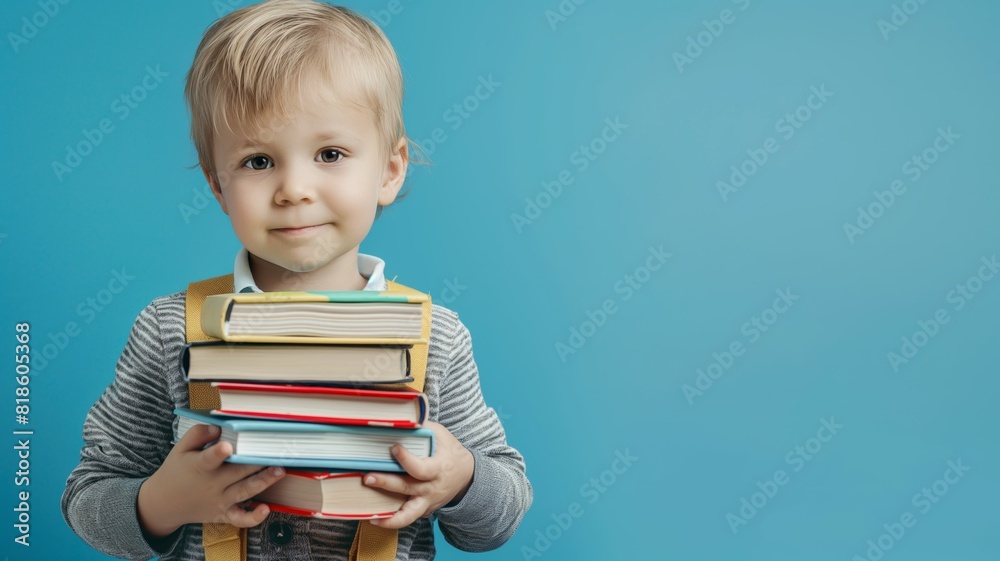 Little boy holding stack of colorful books Little boy holding stack of colorful books
